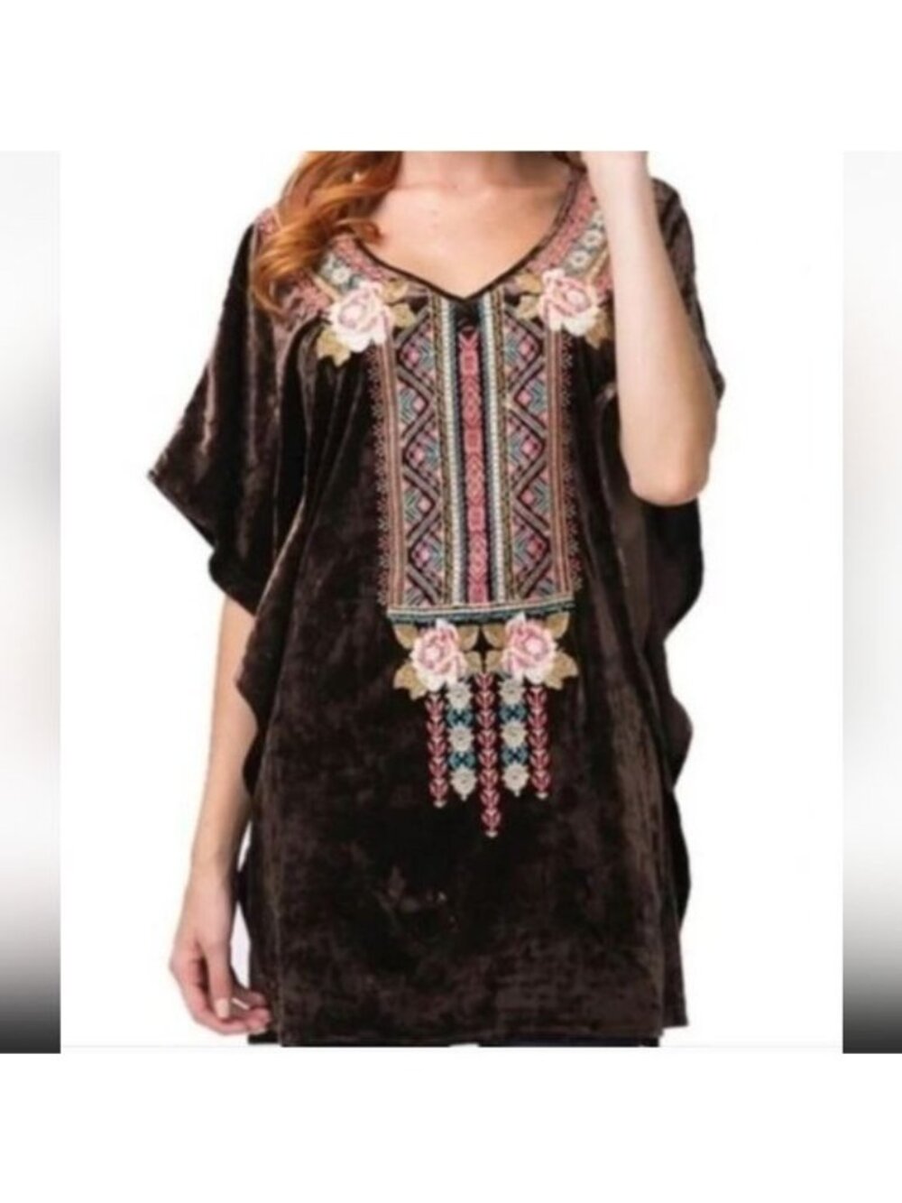 New Andree by Unit Crushed Velvet Chocolate Brown Embroidered Floral Tunic Sz S